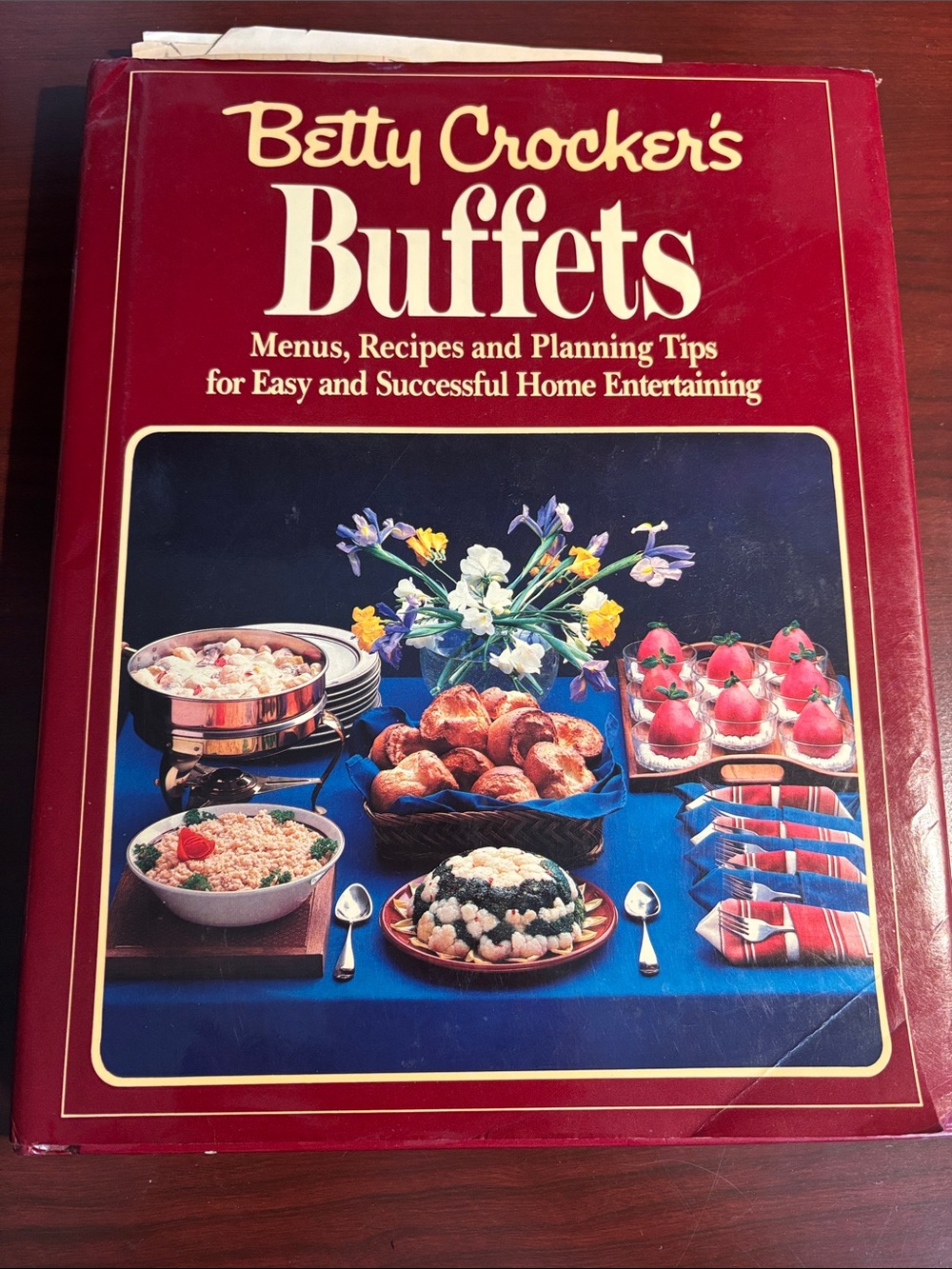 Betty Crocker's Buffets Cookbook - Maroon & Cream Cover with Blue Table Scene